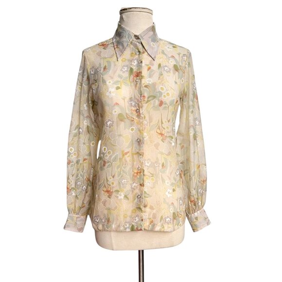 70s Vintage Lady Manhattan Blouse Semi Sheer Pastel Floral Pointed Collar. - Picture 5 of 8